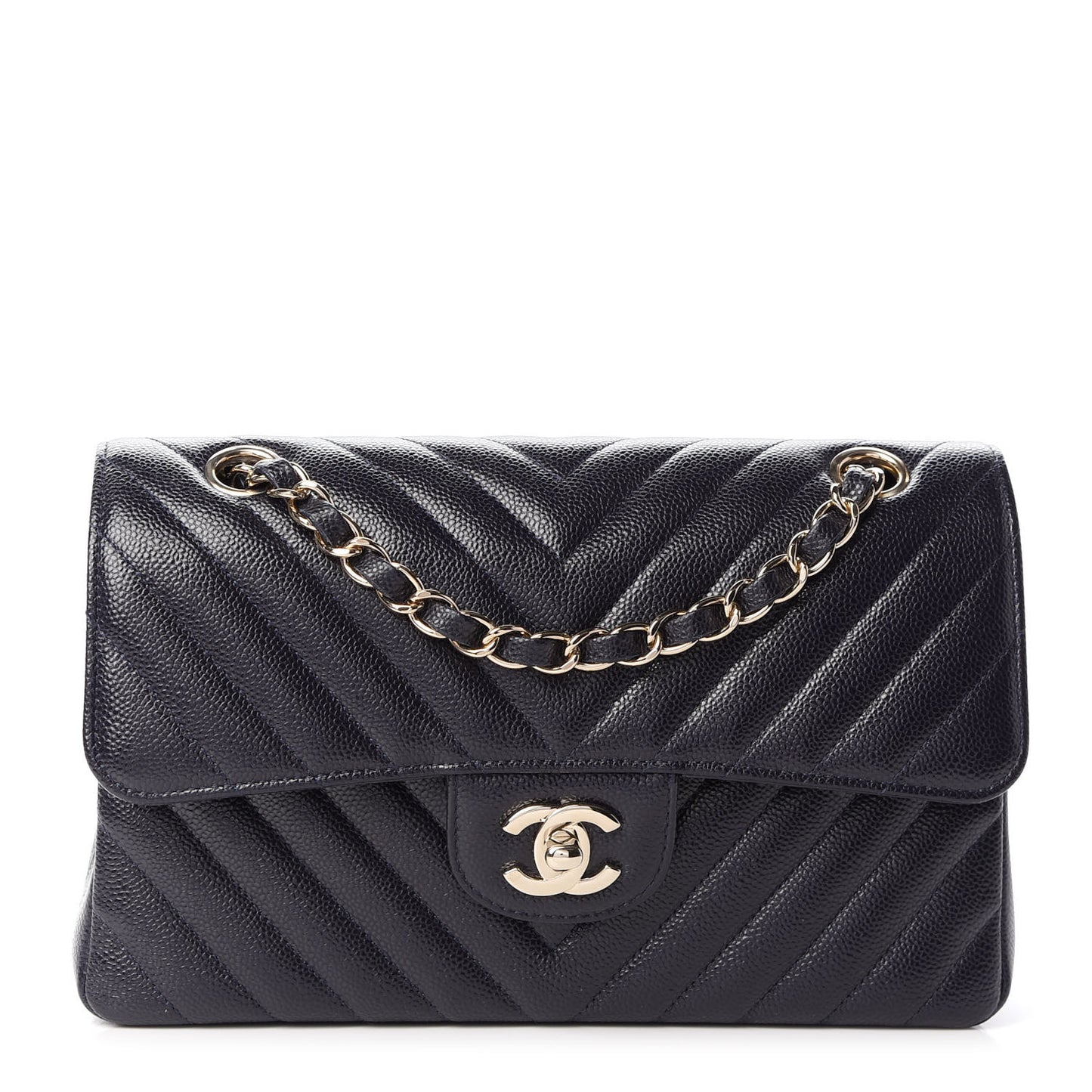Caviar Chevron Quilted Small Double Flap Navy Blue