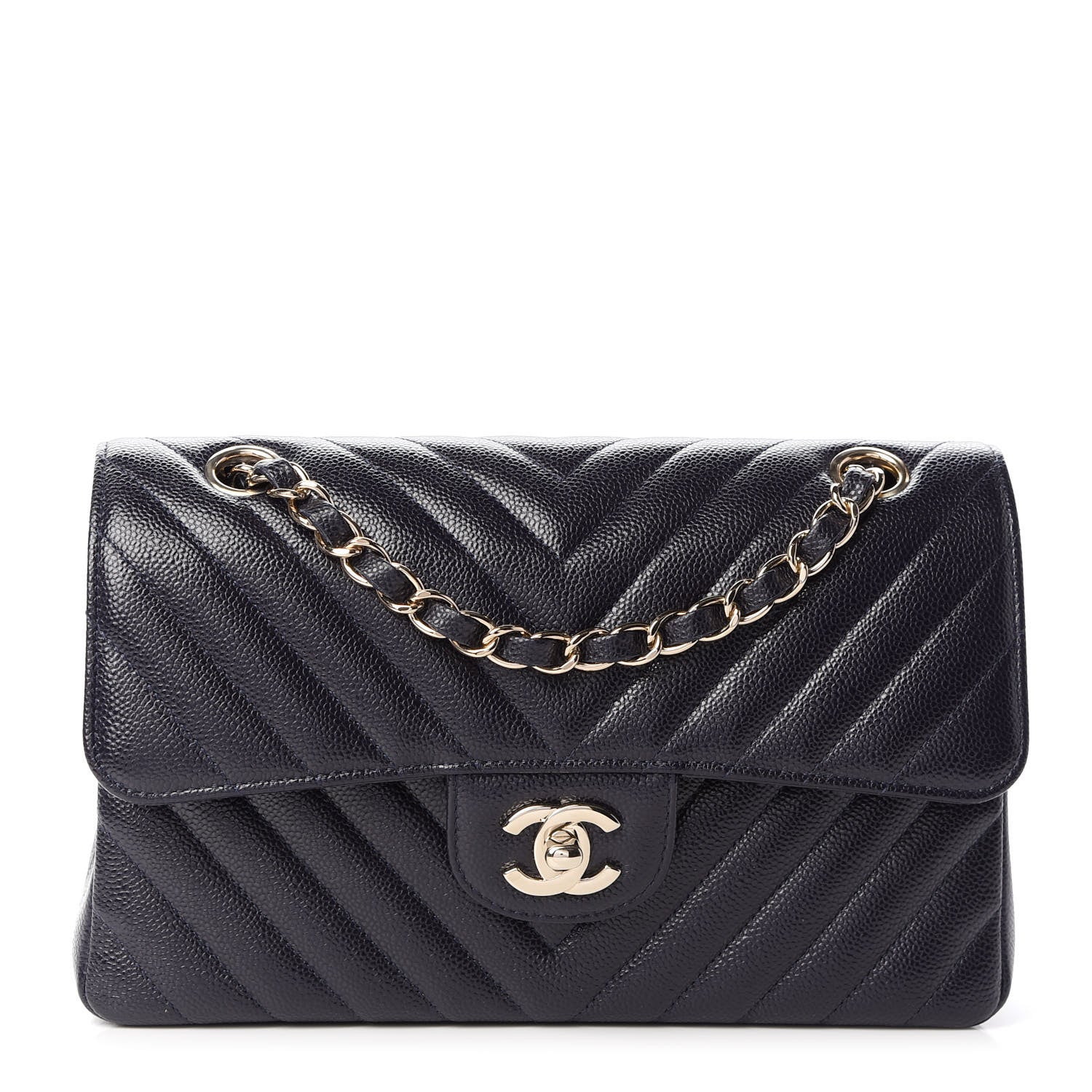 Chanel Caviar Chevron Quilted Small Double Flap Navy Blue 1 of 10