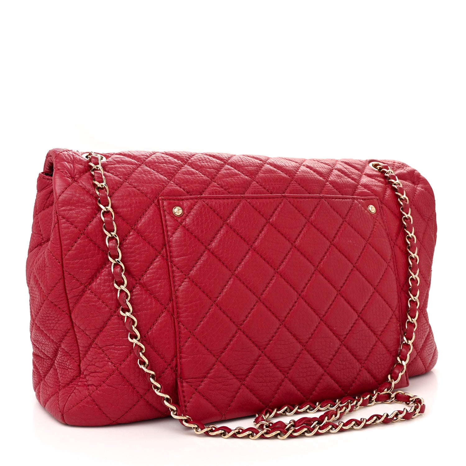 CHANEL レッド キルティング フラップバッグ Chanel Metallized Calfskin Quilted Small XXL Travel Flap Bag Red