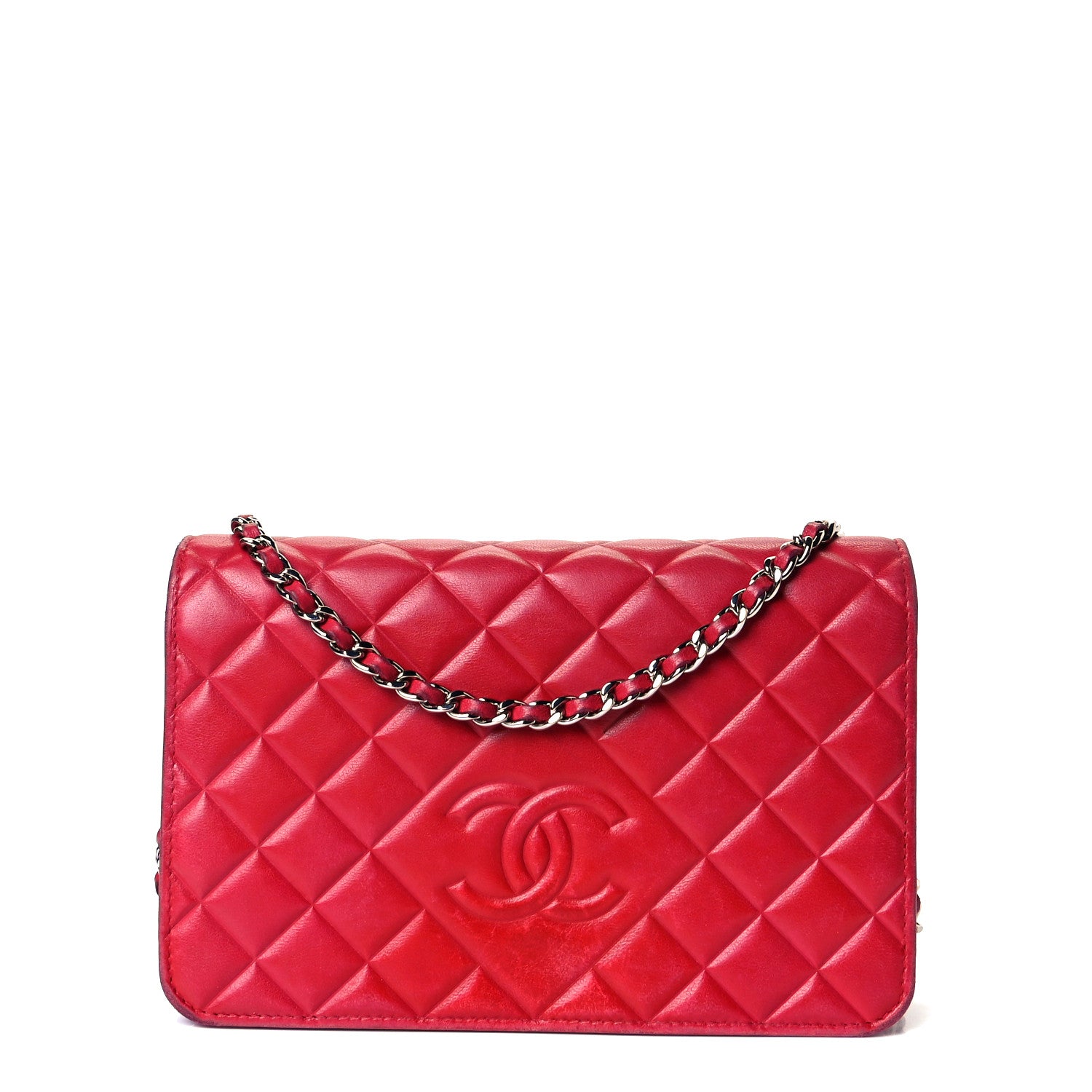 Chanel Goatskin Quilted Diamond CC Wallet On Chain WOC Red 1 of 9