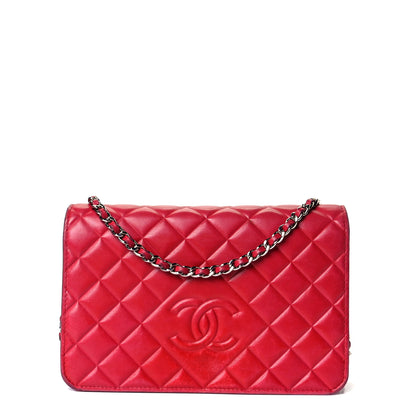 Chanel Goatskin Quilted Diamond CC Wallet On Chain WOC Red 1 of 9