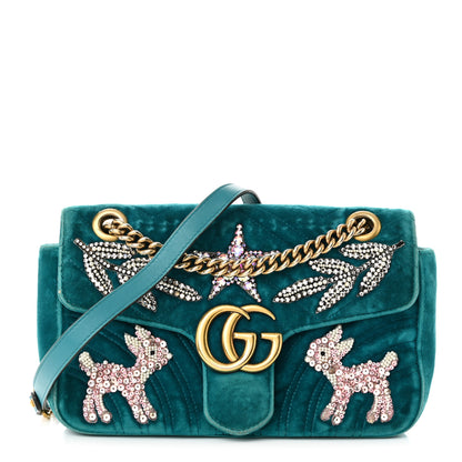 Gucci Velvet Matelasse Embroidered Small GG Marmont Shoulder Bag Pavone Cyan 1 of 12