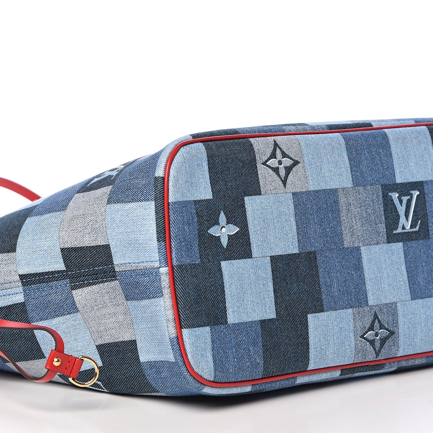 Denim Damier Monogram Patchwork Neverfull Blue Rouge
