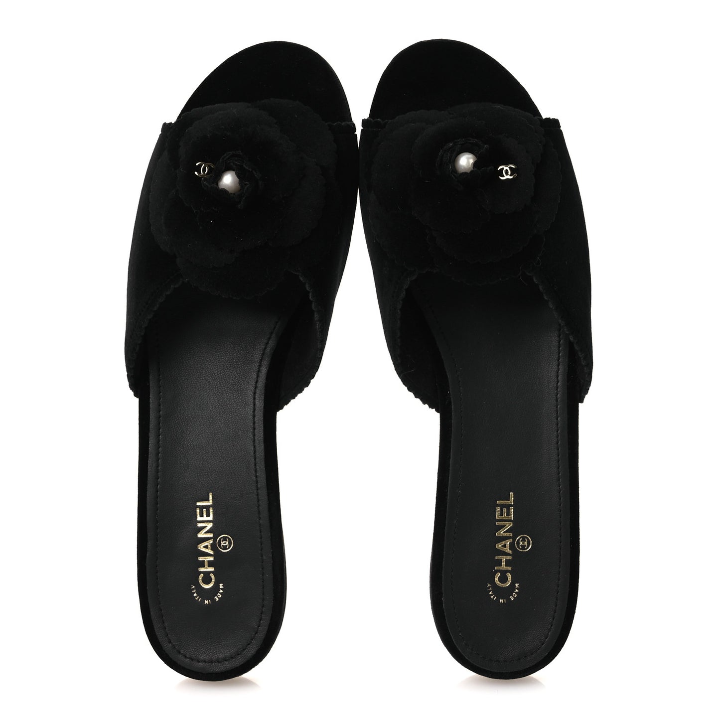 Velvet Pearl Camellia Slide Sandals 41 Black