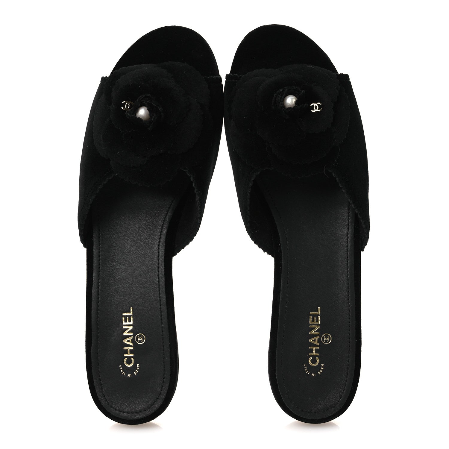 Chanel Velvet Pearl Camellia Slide Sandals 41 Black 2 of 12