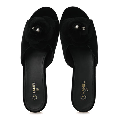 Chanel Velvet Pearl Camellia Slide Sandals 41 Black 2 of 12