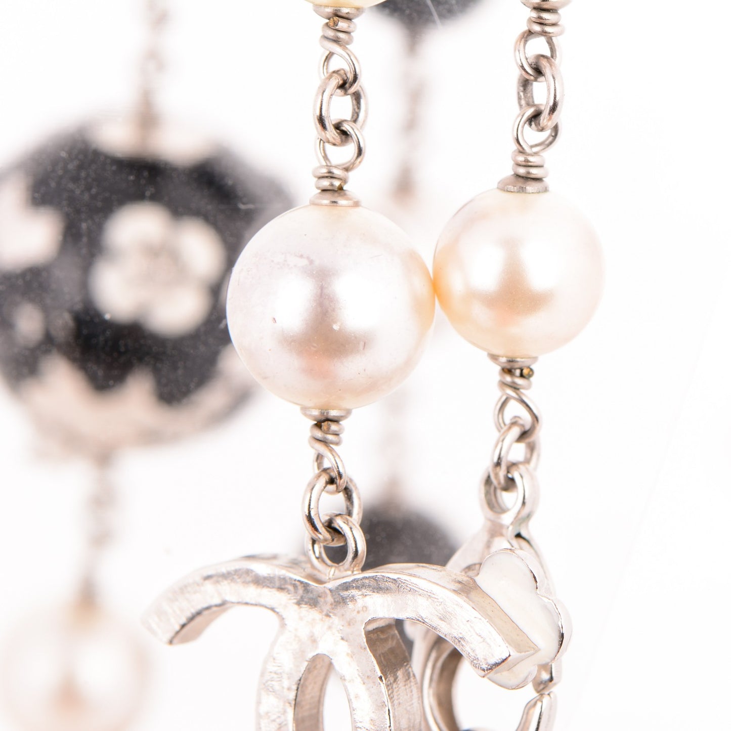 Beaded Globe Pearl CC Long Necklace Silver