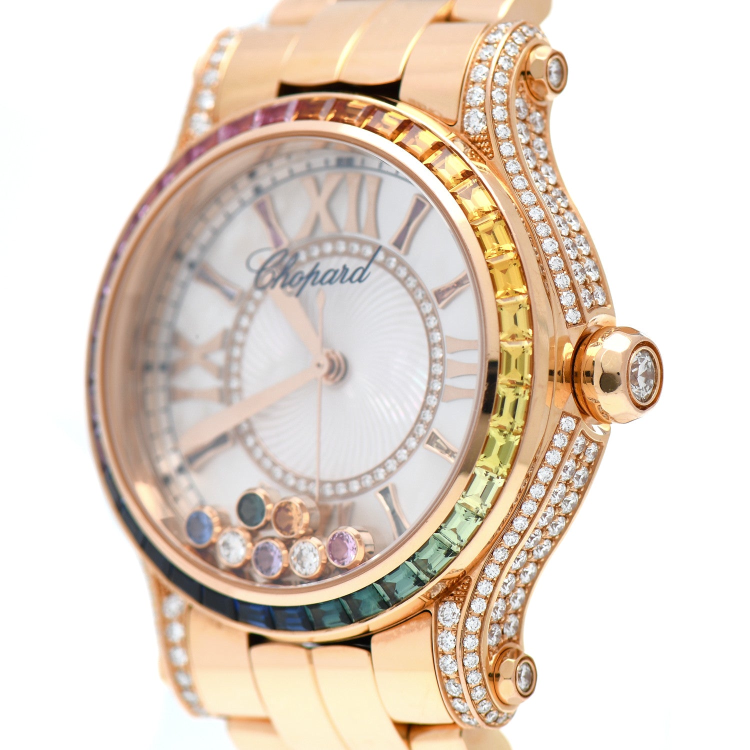 Chopard 18K Rose Gold Diamond Mother of Pearl Multicolor Sapphire 36mm Happy Sport Automatic Watch 5 of 6