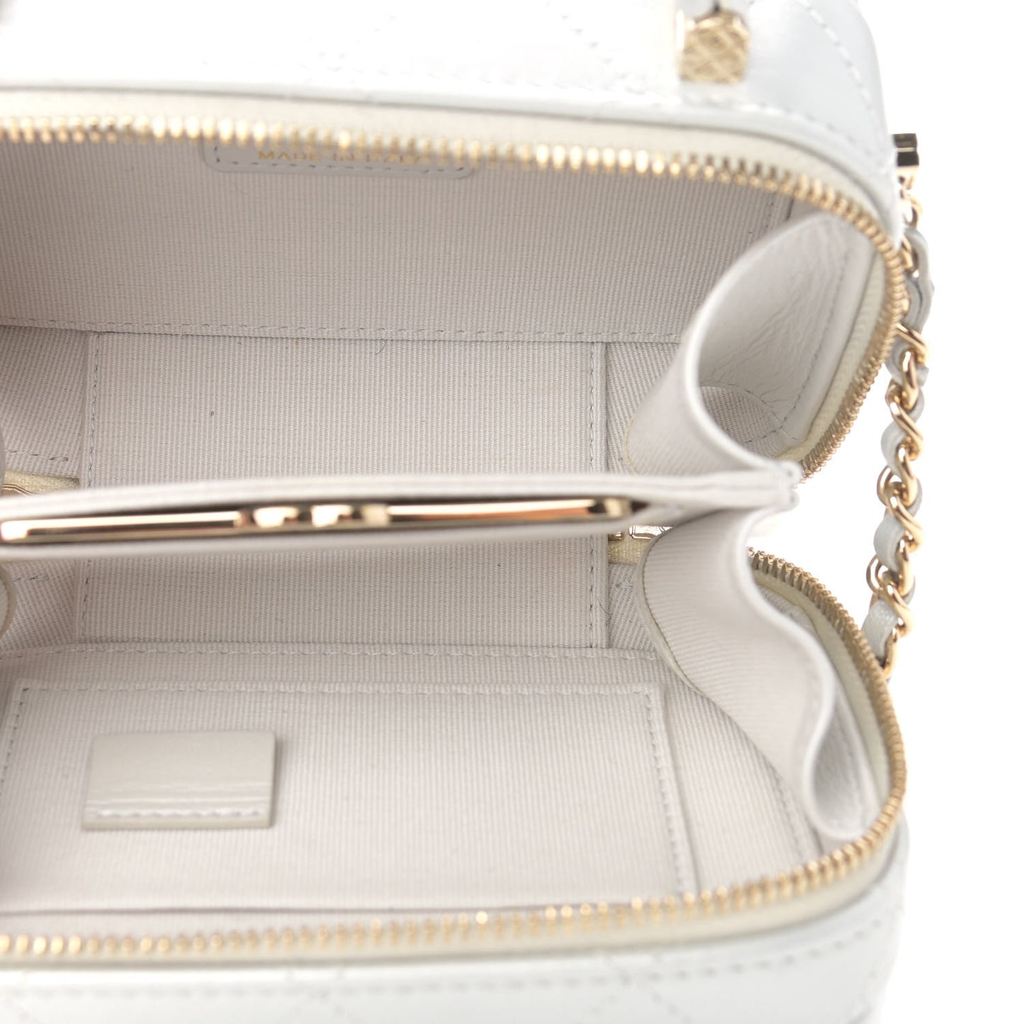 Metallic Lambskin Quilted Top Handle Vanity Case Silver