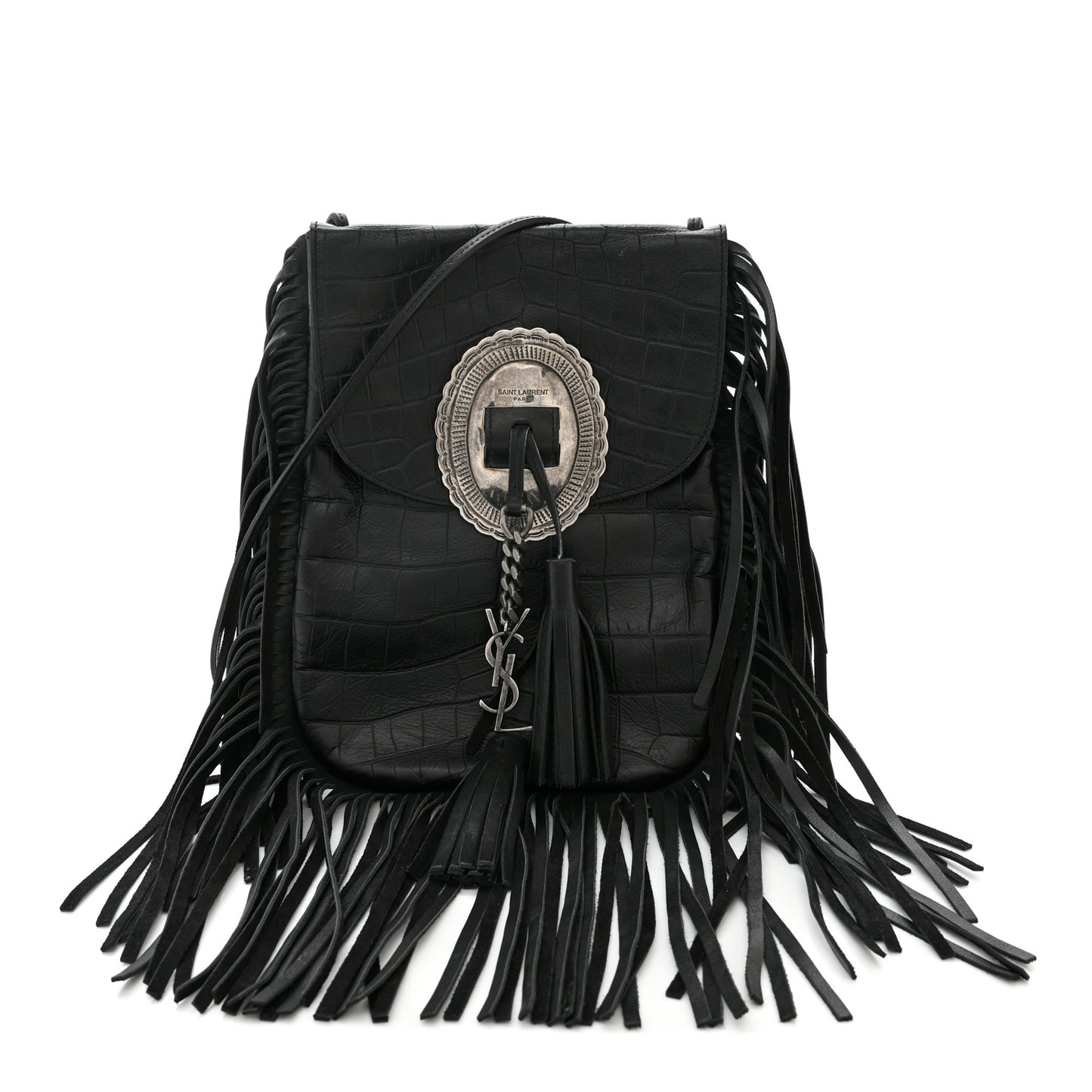 Calfskin Crocodile Embossed Anita Tassed Crossbody Bag Black