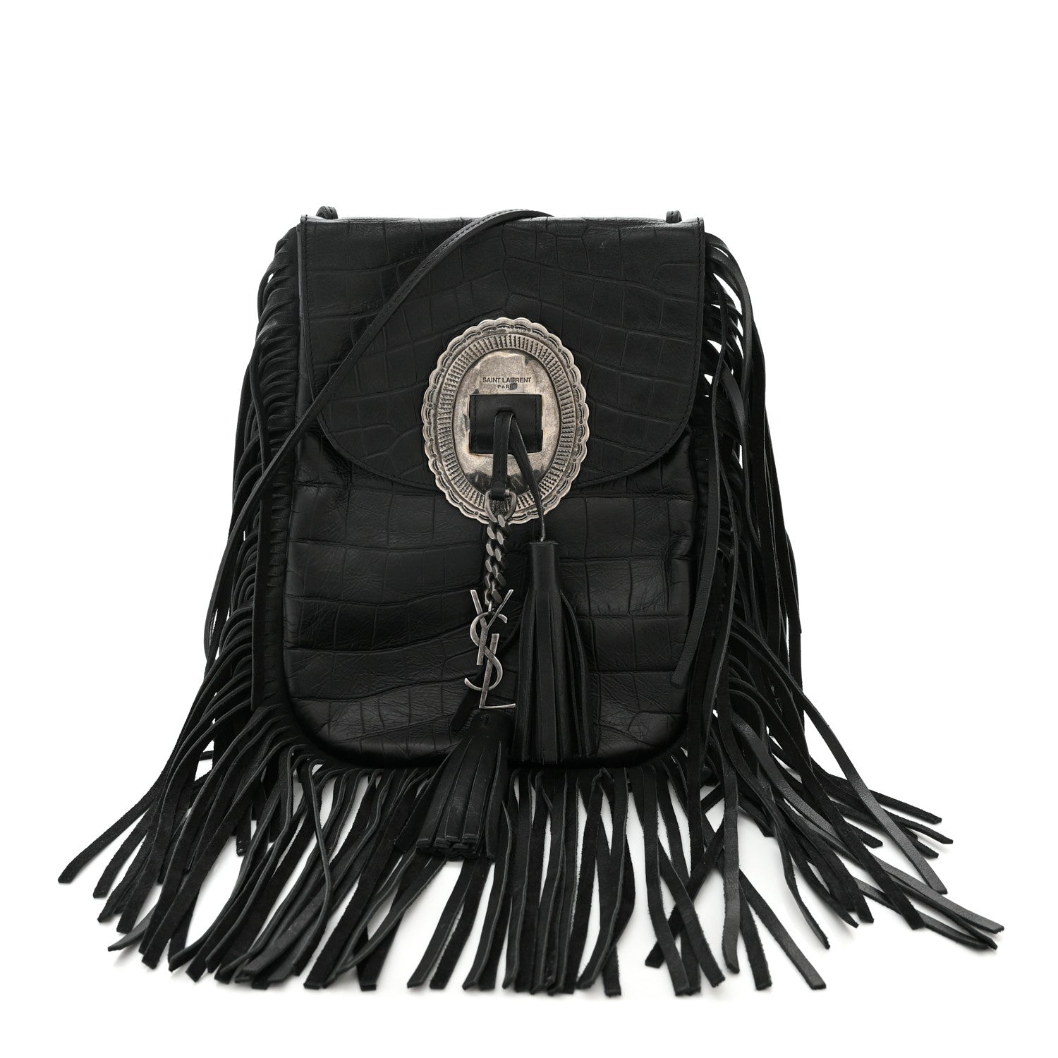 Saint Laurent Calfskin Crocodile Embossed Anita Tassed Crossbody Bag Black 1 of 9