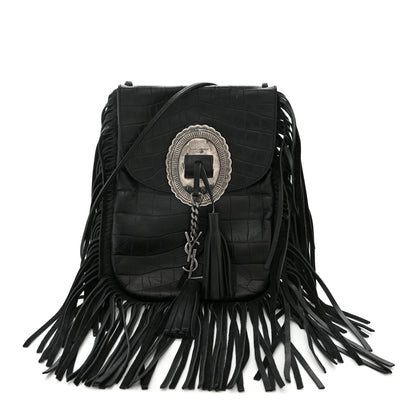 Saint Laurent Calfskin Crocodile Embossed Anita Tassed Crossbody Bag Black 1 of 9