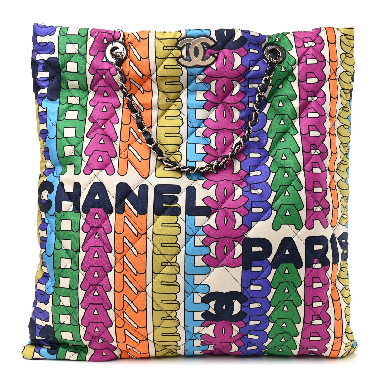 Printed Fabric Quilted Logo Large Shopping Tote Multicolor