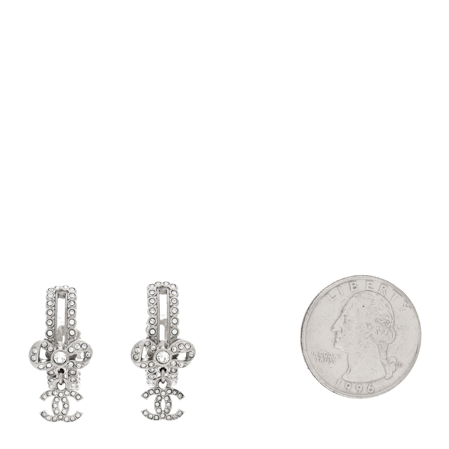 Chanel Metal Crystal CC Bow Hoop Earrings Silver 2 of 5
