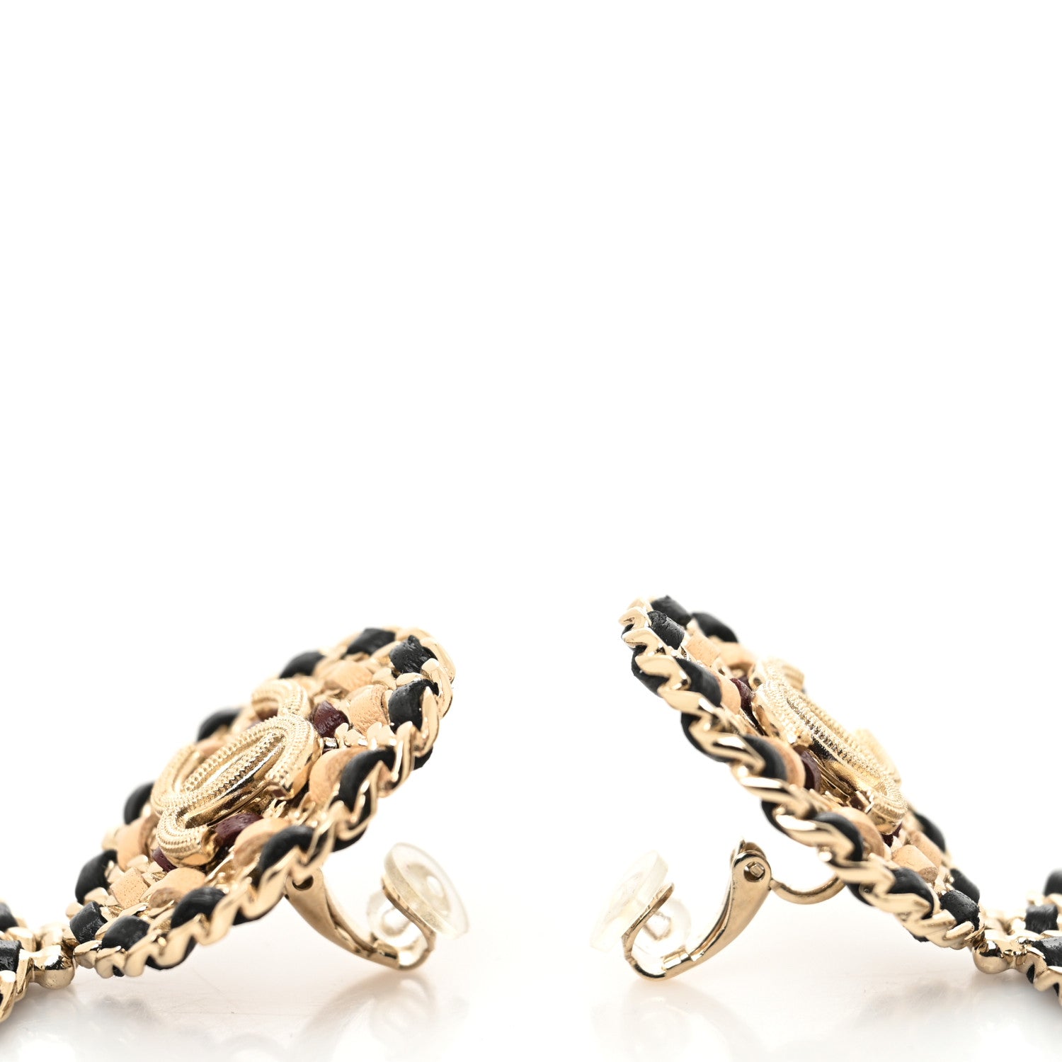 Chanel Metal Lambskin CC Drop Round Earrings Black Gold 3 of 4