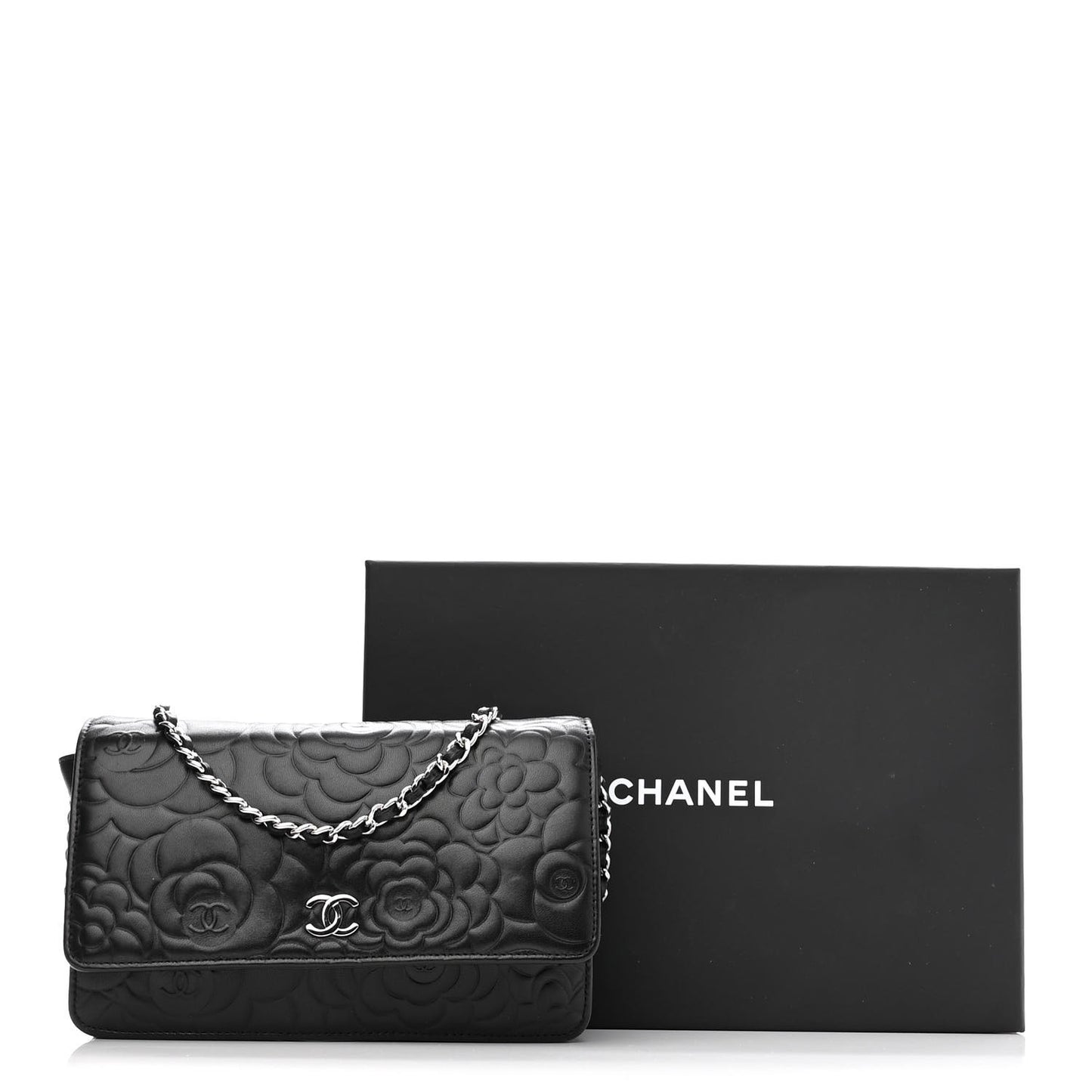 Lambskin Camellia Embossed Wallet With Chain WOC Black