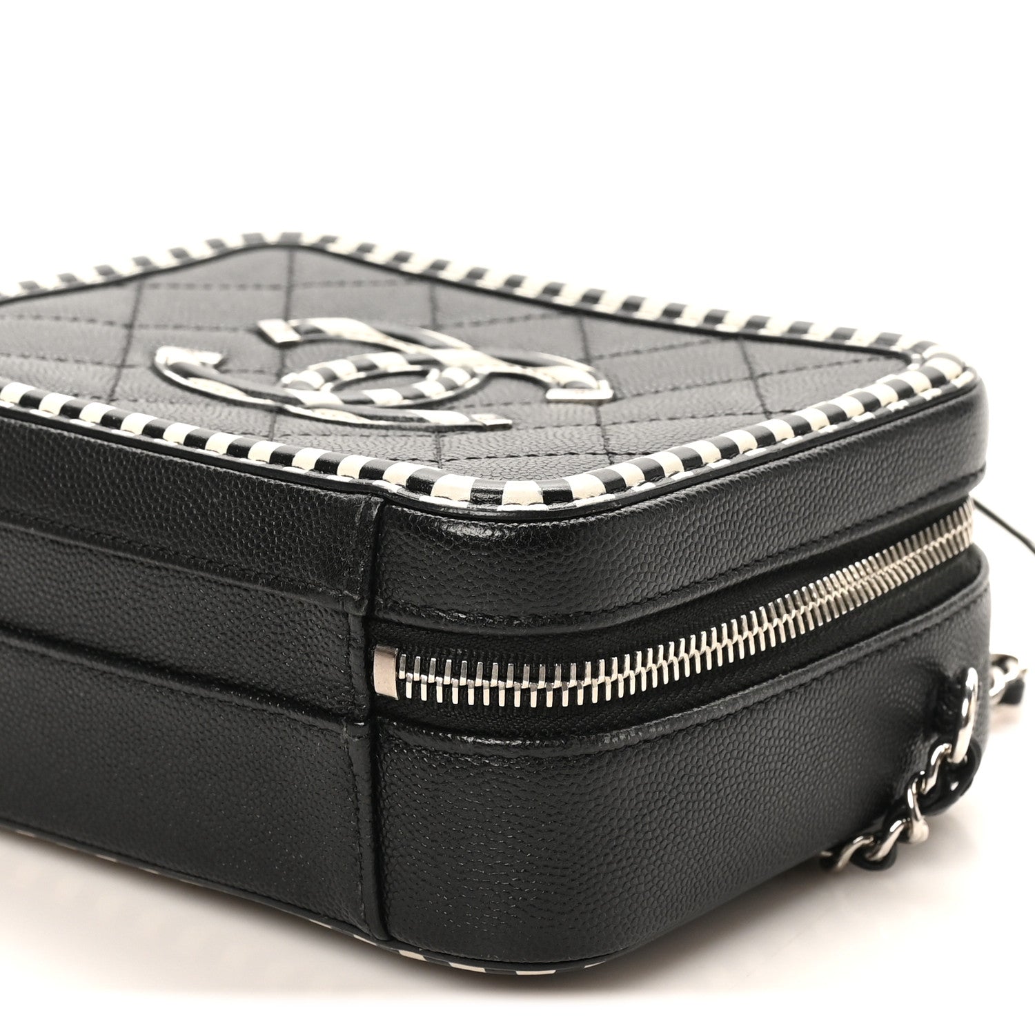 Chanel Caviar Quilted Striped Small CC Filigree Vanity Case Black White 10 of 10