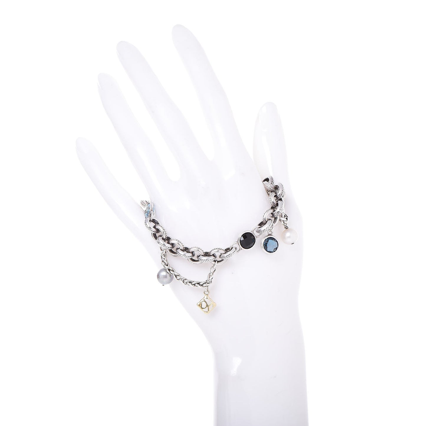 Sterling Silver 18K Yellow Gold Blue Topaz Pearl Black Onyx Old World Charm Bracelet