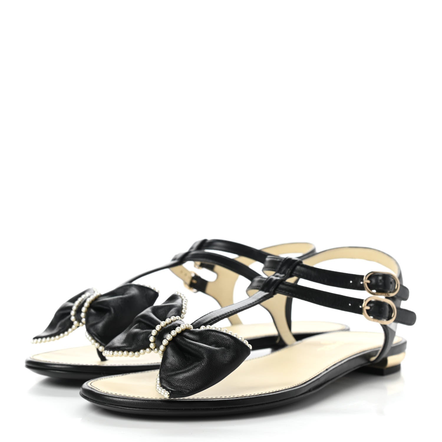 Chanel Lambskin Pearl Bow Thong Sandals 36.5 Black 3 of 9