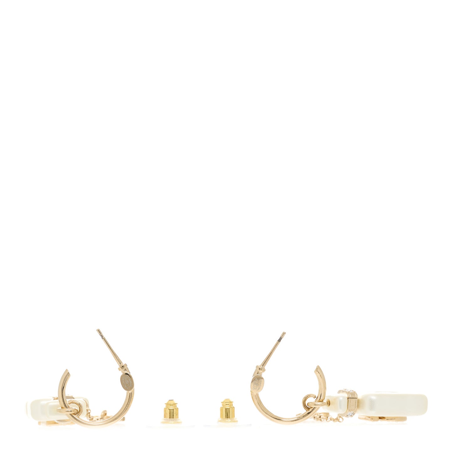 Pearl Resin Crystal CC No 5 Perfume Bottle Hoop Drop Earrings Gold Pearly White