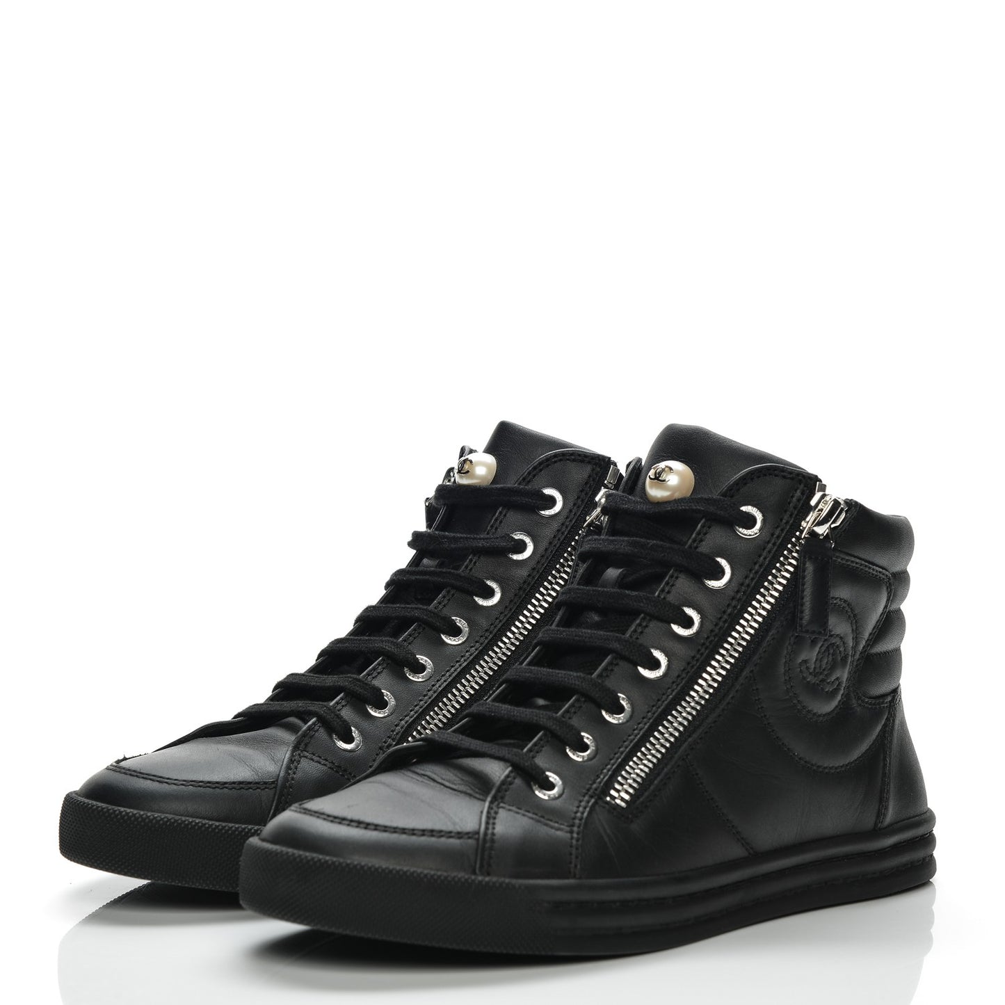 Calfskin Pearl High Top CC Sneakers 36 Black