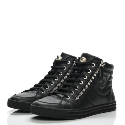 Chanel Calfskin Pearl High Top CC Sneakers 36 Black 3 of 8