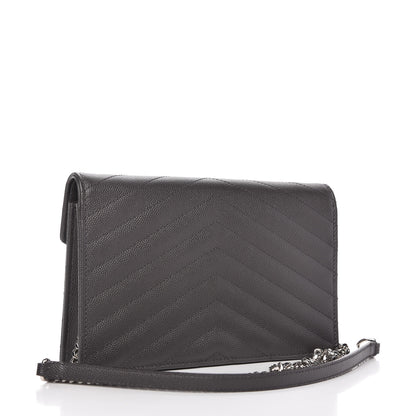 Saint Laurent Grain De Poudre Matelasse Chevron Monogram Envelope Chain Wallet Dark Smog 3 of 11