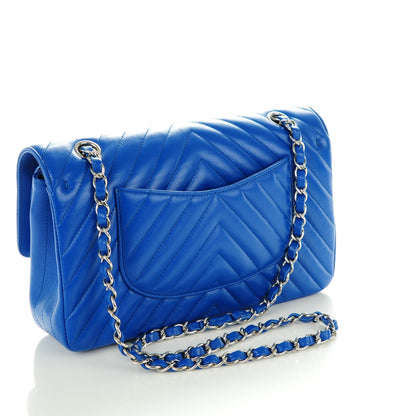 Chanel Caviar Chevron Quilted Medium Double Flap Bright Blue 3 of 8
