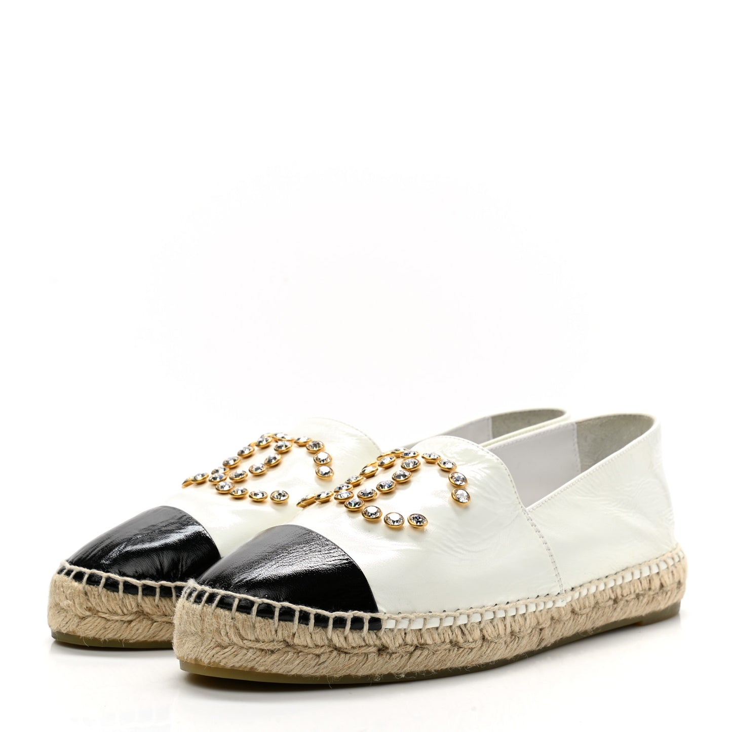 Patent Calfskin Crystal CC Espadrilles 40 White Black