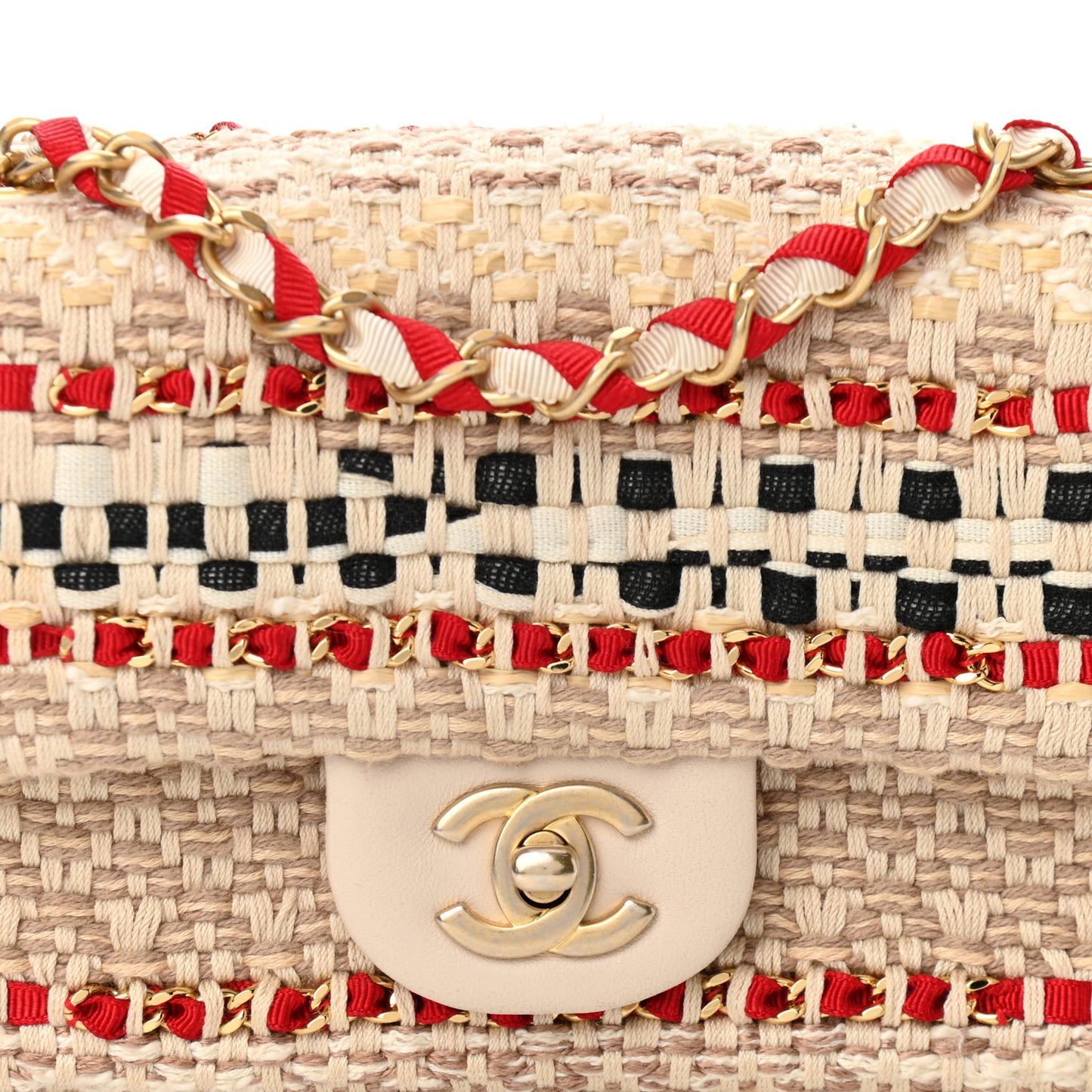Tweed Chain Braid Mini Flap Beige White Red