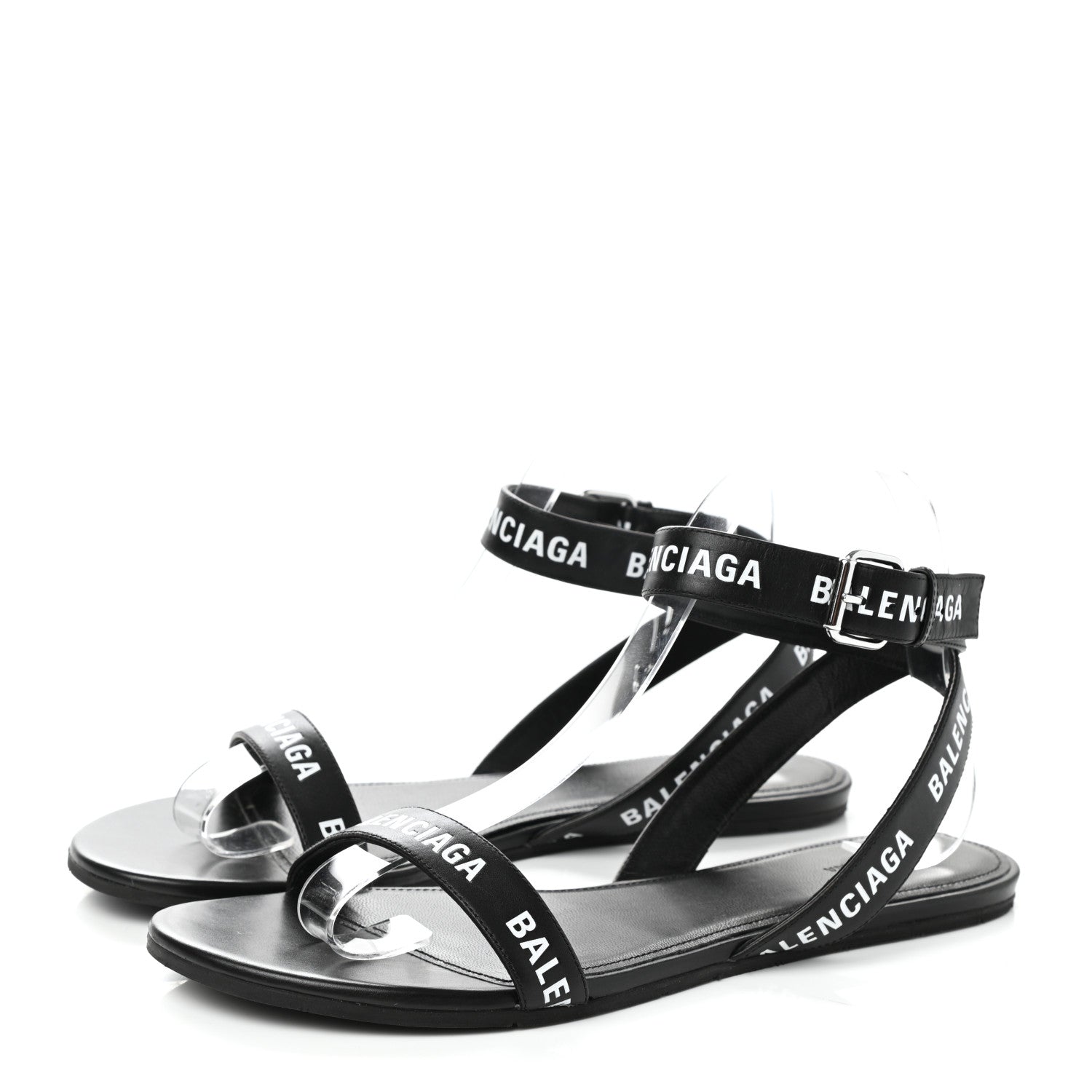 Balenciaga Calfskin Allover Logo Flat Sandals 38 Black White 3 of 9