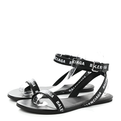 Balenciaga Calfskin Allover Logo Flat Sandals 38 Black White 3 of 9