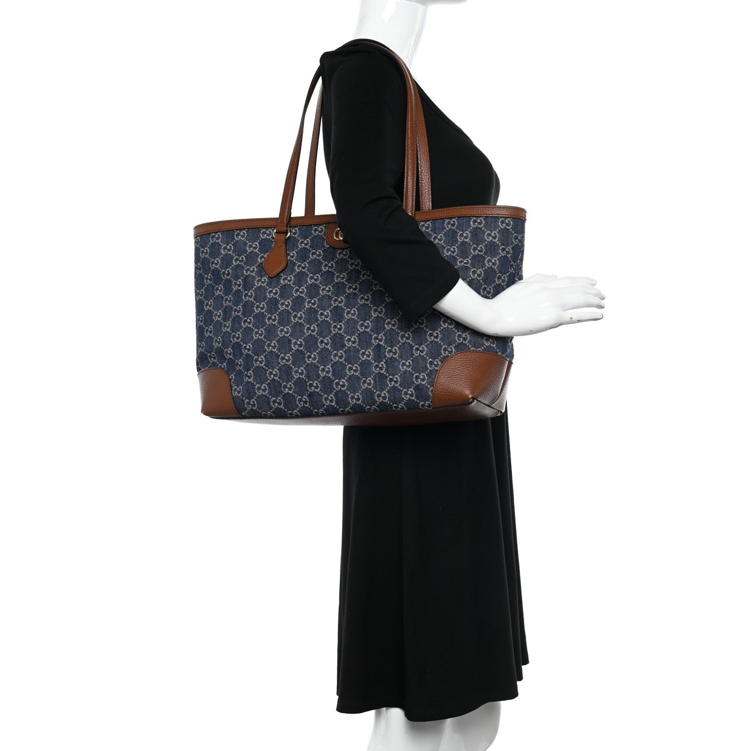 Gucci New Denim GG Monogram Medium Ophidia Shopping Tote Blue Tea Cuir 2 of 13