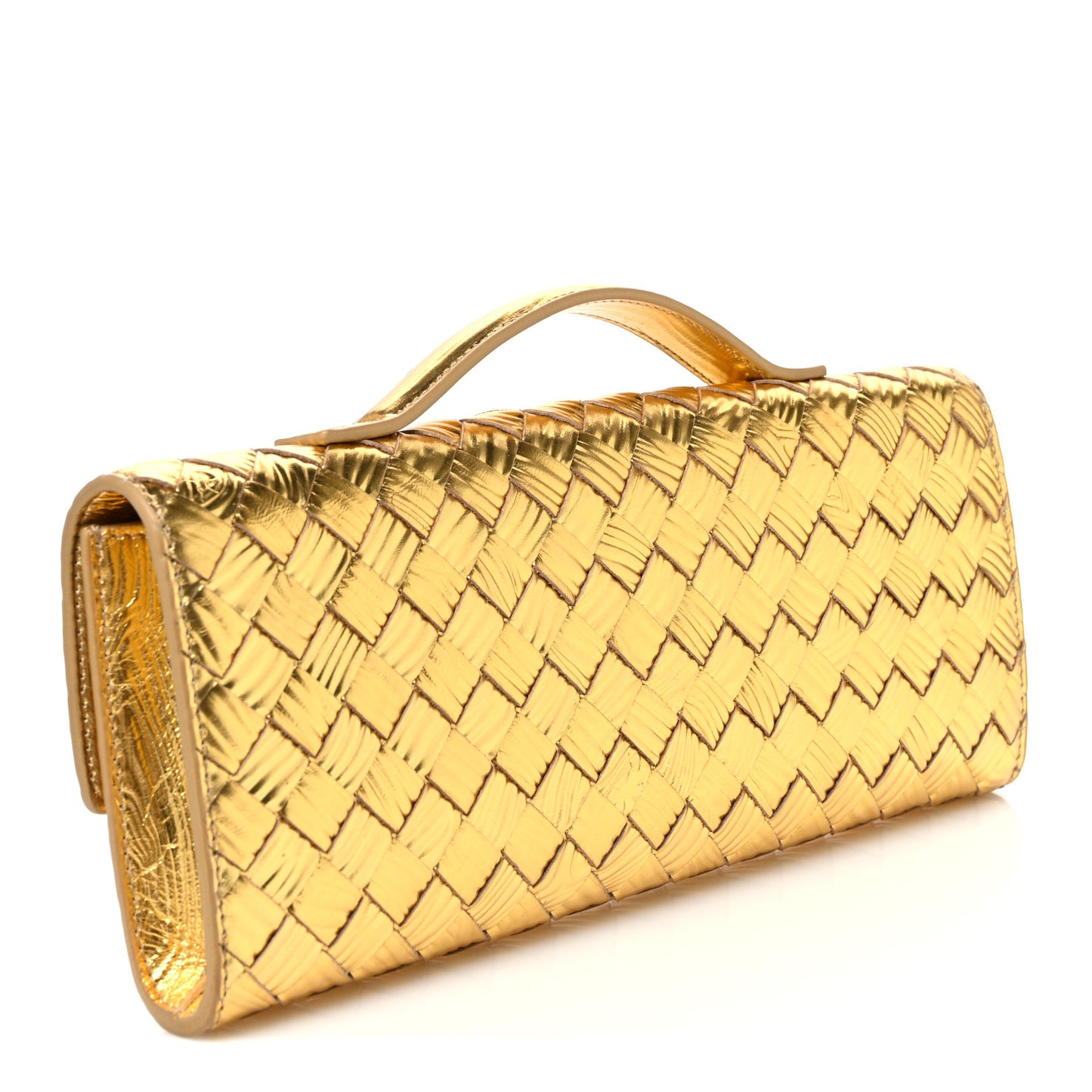 Metallic Satin Lambskin Intrecciato Long Andiamo Top Handle Clutch Gold