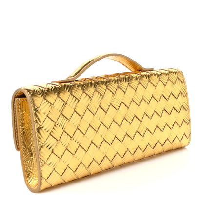 Bottega Veneta Metallic Satin Lambskin Intrecciato Long Andiamo Top Handle Clutch Gold 3 of 10