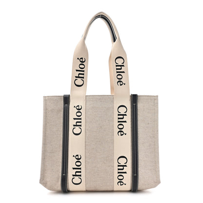 Chloe Cotton Calfskin Medium Woody Ribbon Tote White Black 1 of 8
