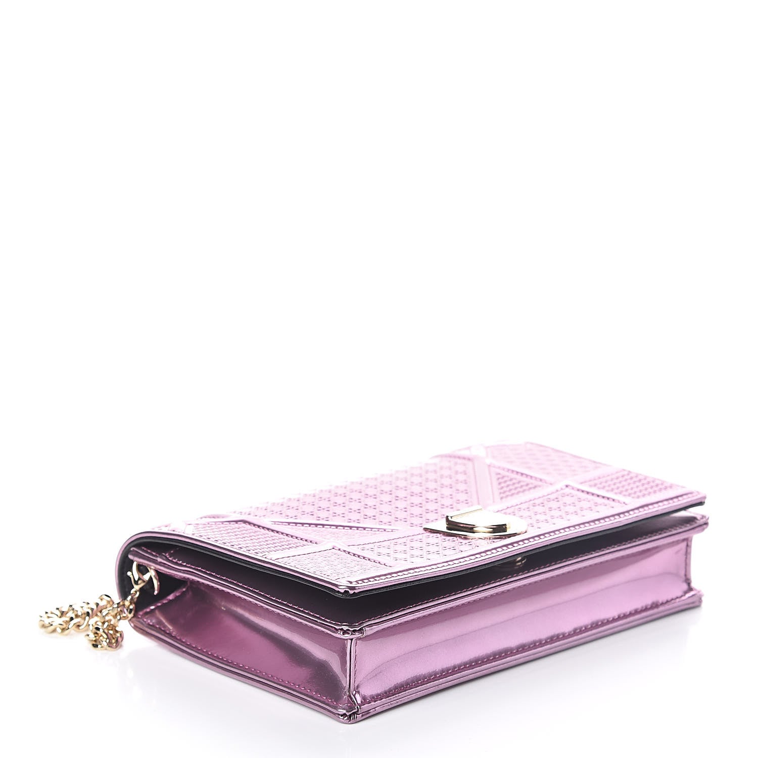 Christian Dior Metallic Patent Micro-Cannage Diorama Wallet on Chain Pouch Pink 4 of 9