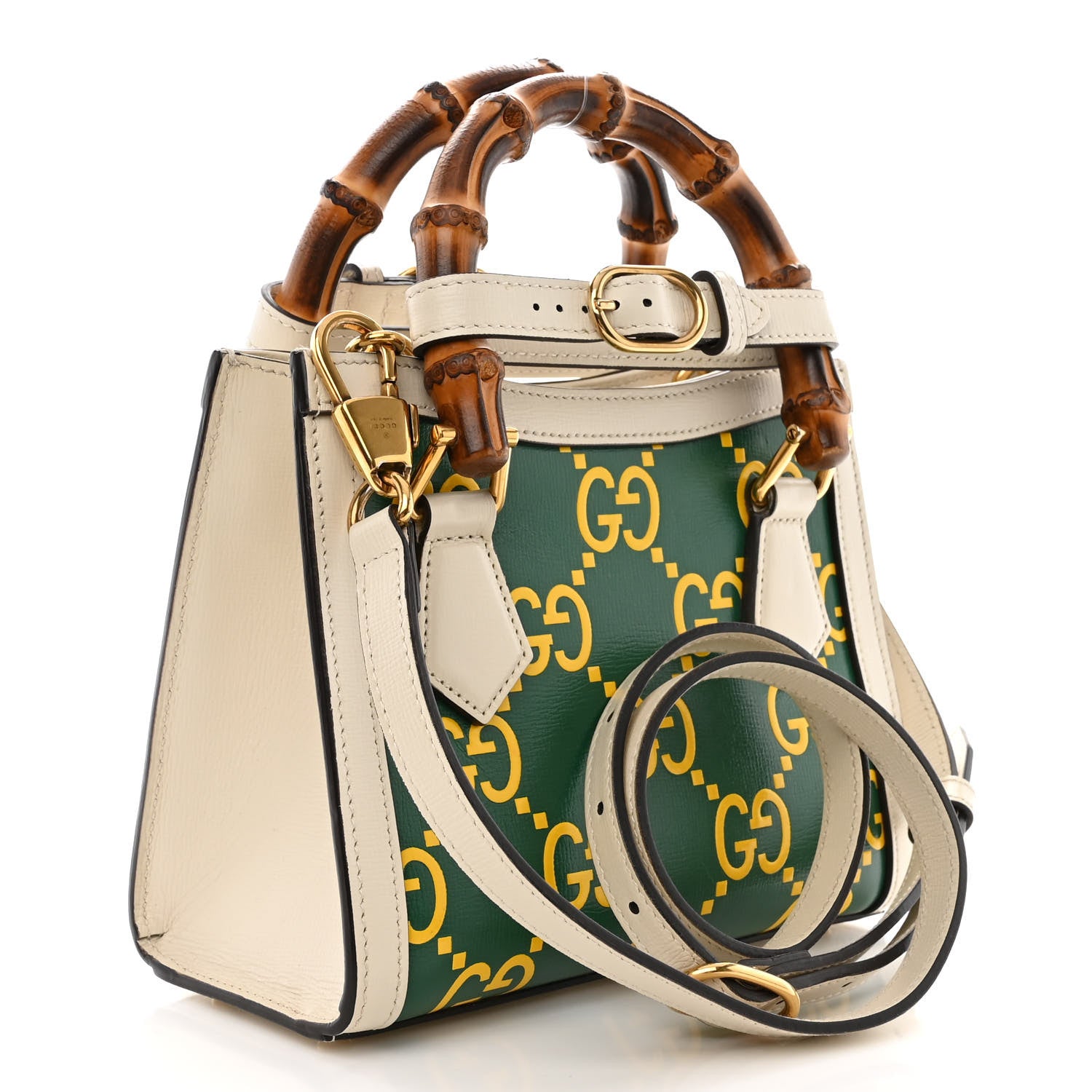Gucci Azalea Calfskin GG Monogram Bi-Color Debossed Mini Diana Tote Bag Emerald Stone Topaz Mystic White 3 of 10