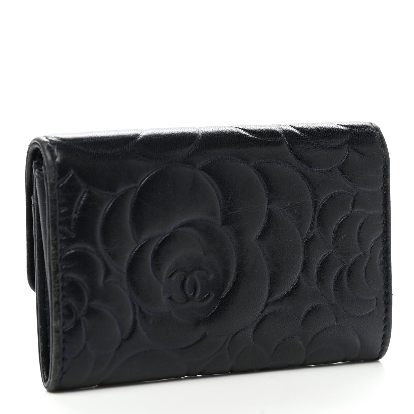 Lambskin Camellia Embossed Flap Card Holder Navy