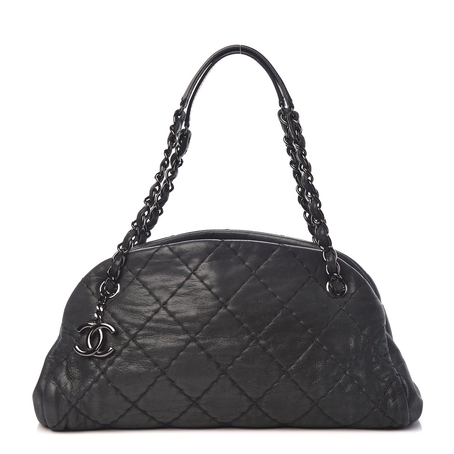 Iridescent Calfskin Medium Just Mademoiselle Bowling Bag Black