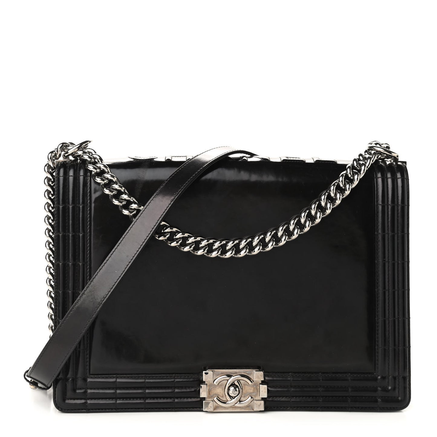 Glazed Calfskin Large Boy Flap Black