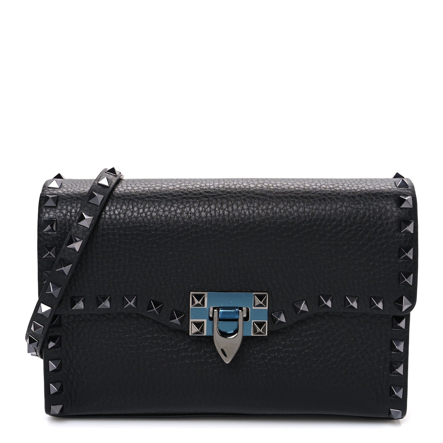 Pebbled Calfskin Monochrome Medium Rockstud Flip Lock Crossbody Bag Black