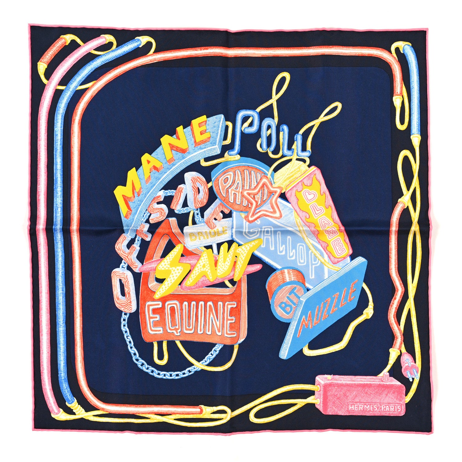Hermes Silk Gavroche Chevaloscope Scarf 45 Neon Marine Rose Jaune