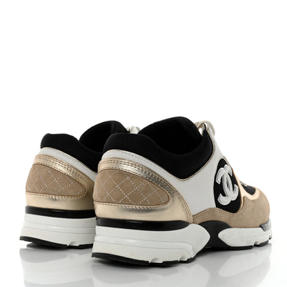 Chanel Mesh Suede Calfskin Womens CC Sneakers 38 White Black Beige Gold 4 of 9