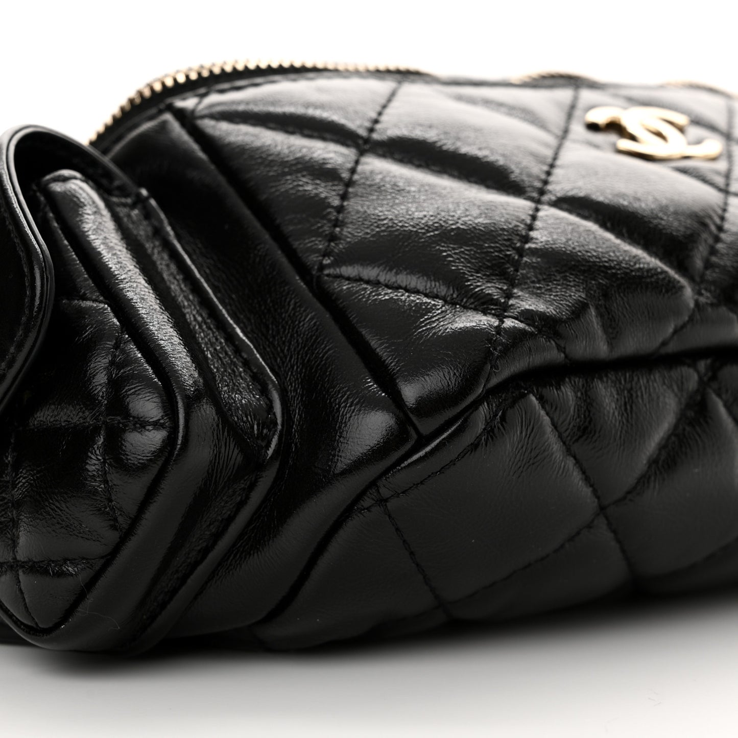 Shiny Aged Calfskin Quilted Utility Waist Belt Bag Black