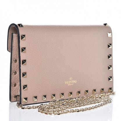 Valentino Garavani Pebbled Calfskin Rockstud Envelope Wallet on Chain Poudre 3 of 8