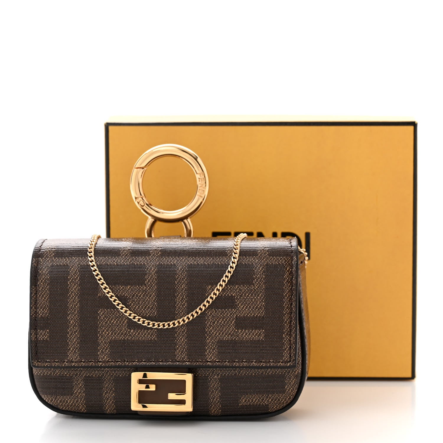 Fendi Glazed Fabric FF 1974 Nano Baguette Charm Mogano Panna 11 of 11
