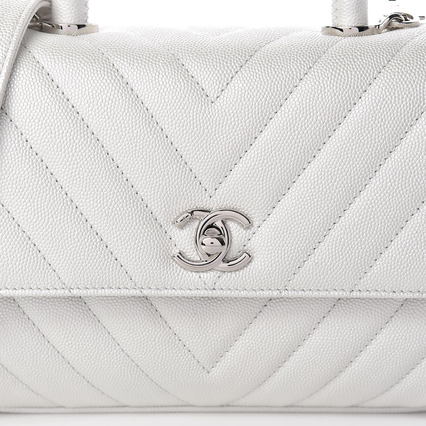Iridescent Caviar Chevron Quilted Mini Coco Handle Flap White