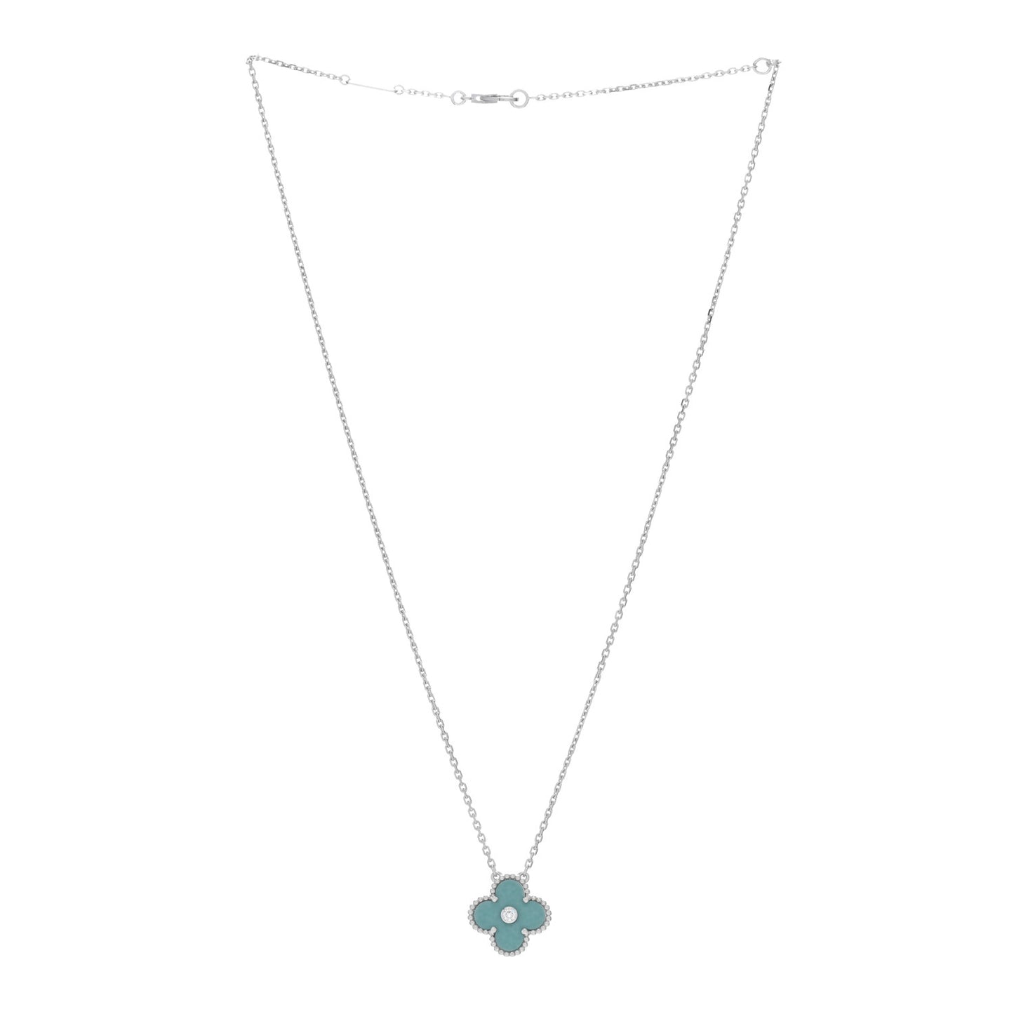 18K White Gold Diamond Celadon Green Sevres Porcelain Vintage Alhambra Pendant Necklace