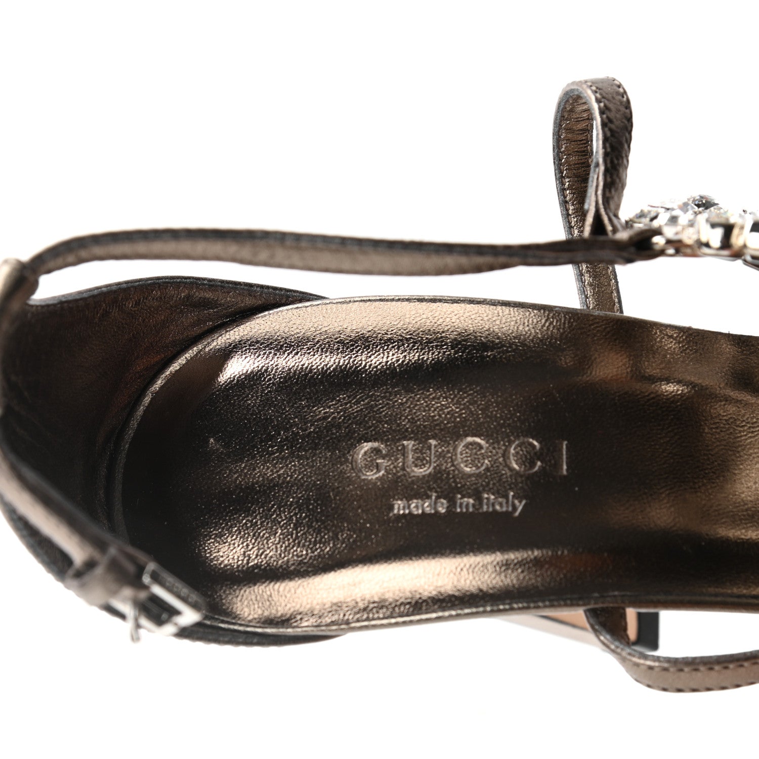 Gucci Metallic Nappa Crystal Interlocking G Ankle Strap Sandals 35.5 Copper 7 of 7